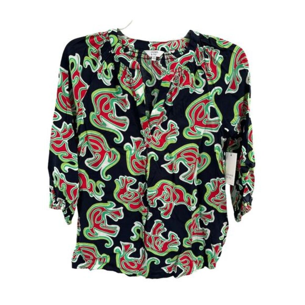 NWT Crown & Ivy Women's‎ XS V-Neck Tunic Blouse Multicolor Elephant Print